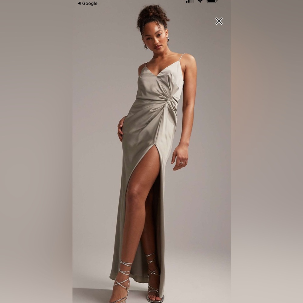 ASOS Sage Green Satin Side-Knot Spaghetti Strap Prom Gown